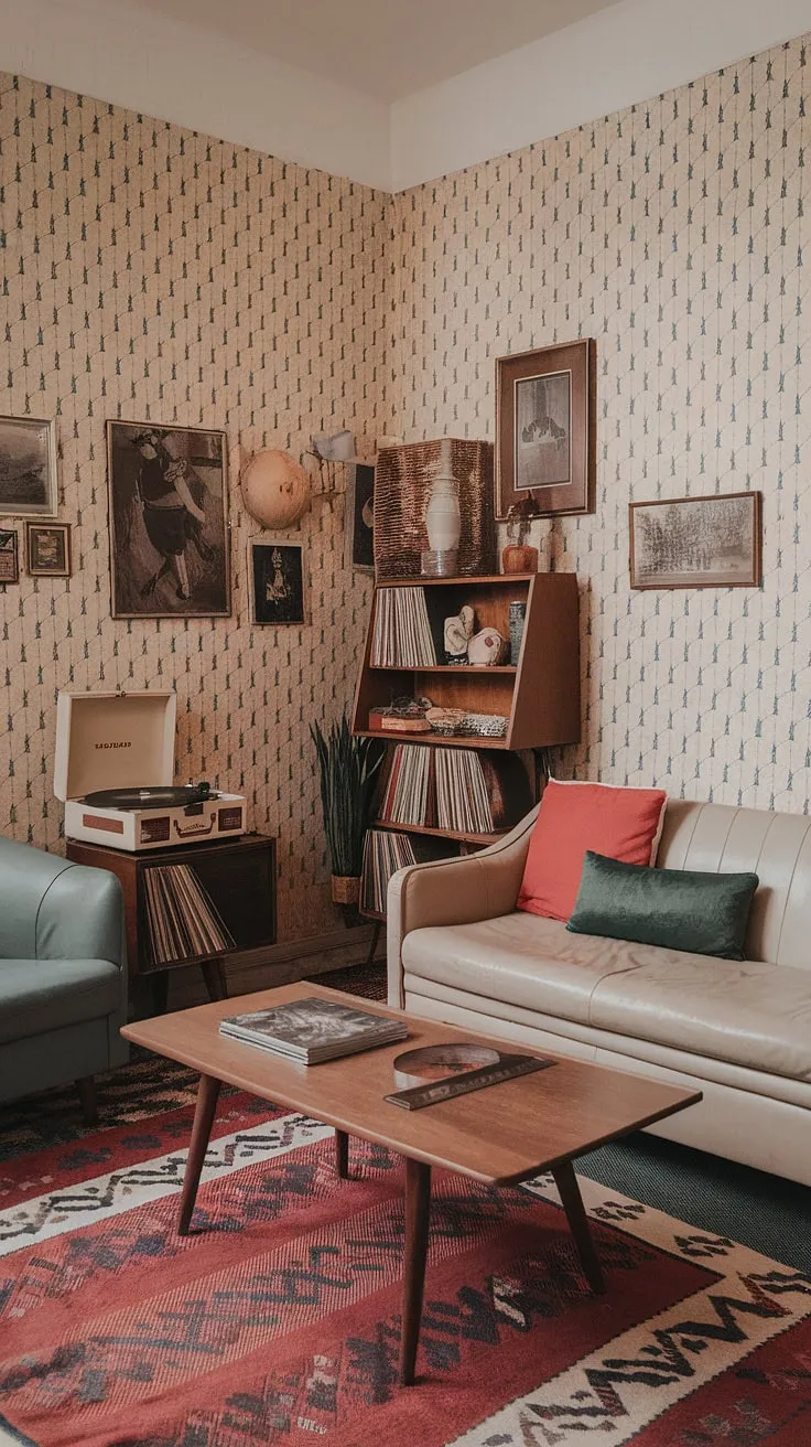 With its beige and blue patterned wallpaper, vibrant pillows, and eclectic bookshelf, this vintage apartment captures the essence of casa vintage and retro home decor, ideal for anyone seeking vintage home vibes.