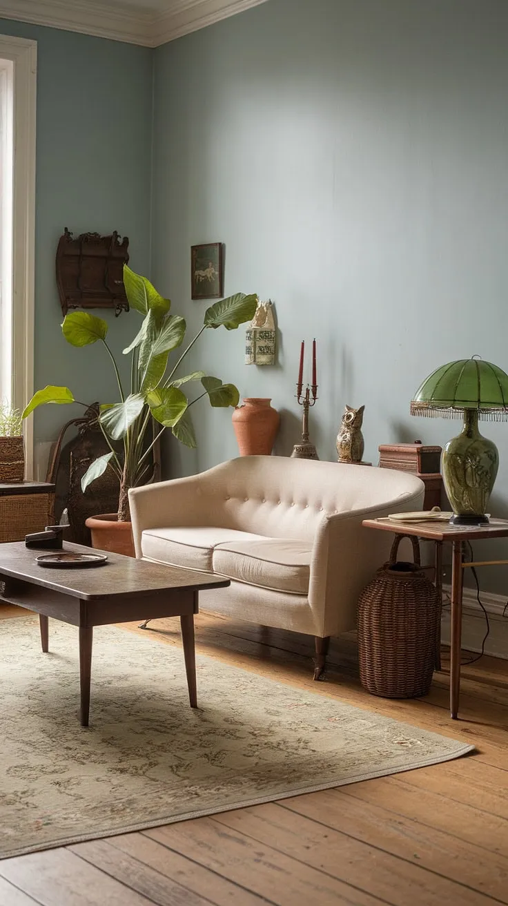 With its soft blue walls and charming vintage items, this retro studio embodies the ideal casa vintage for anyone seeking vintage living room ideas.