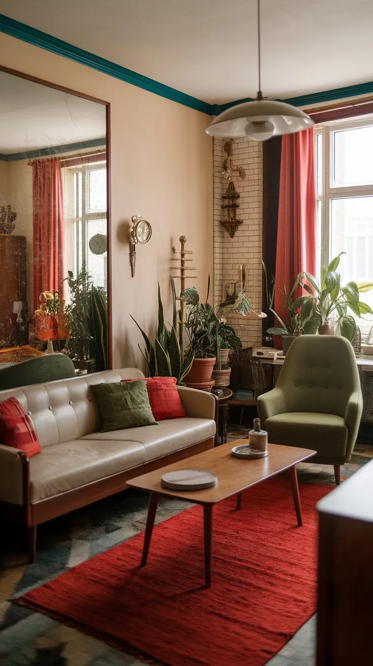 This vintage living room in a retro studio apartment showcases dream apartment decor with its beige sofa, colorful cushions, and charming vintage home vibes.