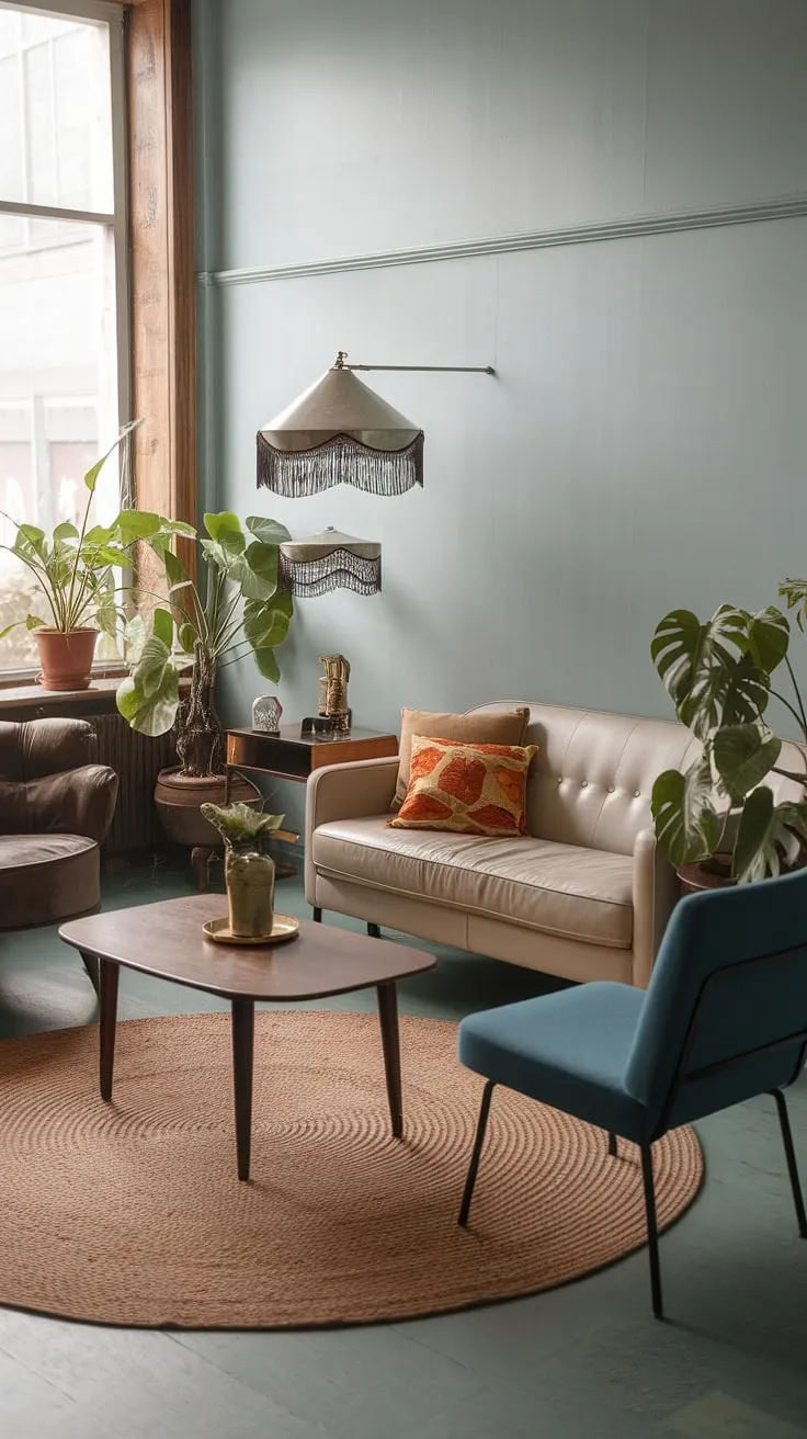 Transform your vintage apartment into a dream space with these vintage living room ideas featuring retro home decor, like a beige sofa, blue chair, and charming potted plants for the perfect vintage home vibes.