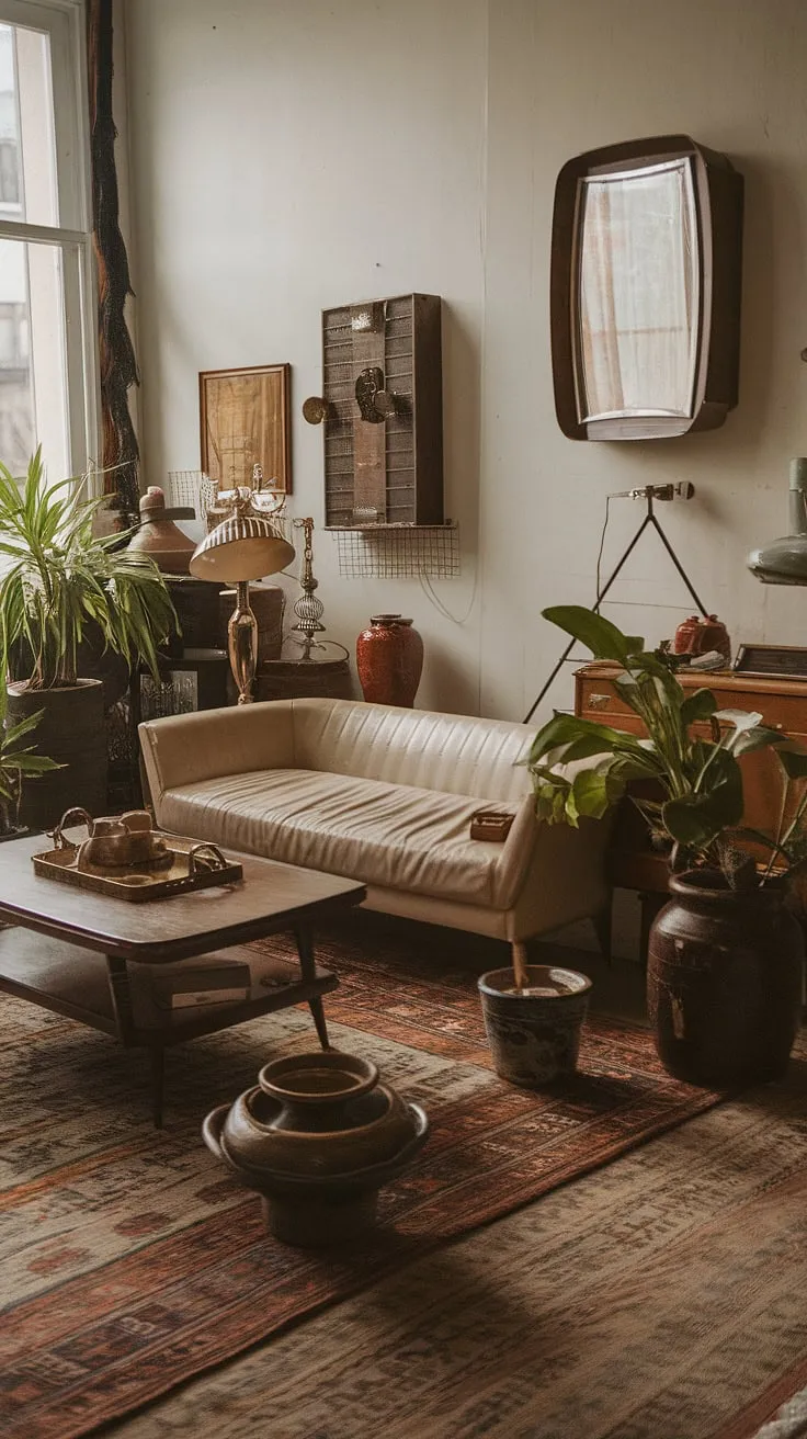Elevate your retro studio with vintage living room decor that showcases a stylish blend of potted plants, a patterned rug, and unique vintage items for a casa vintage feel.
