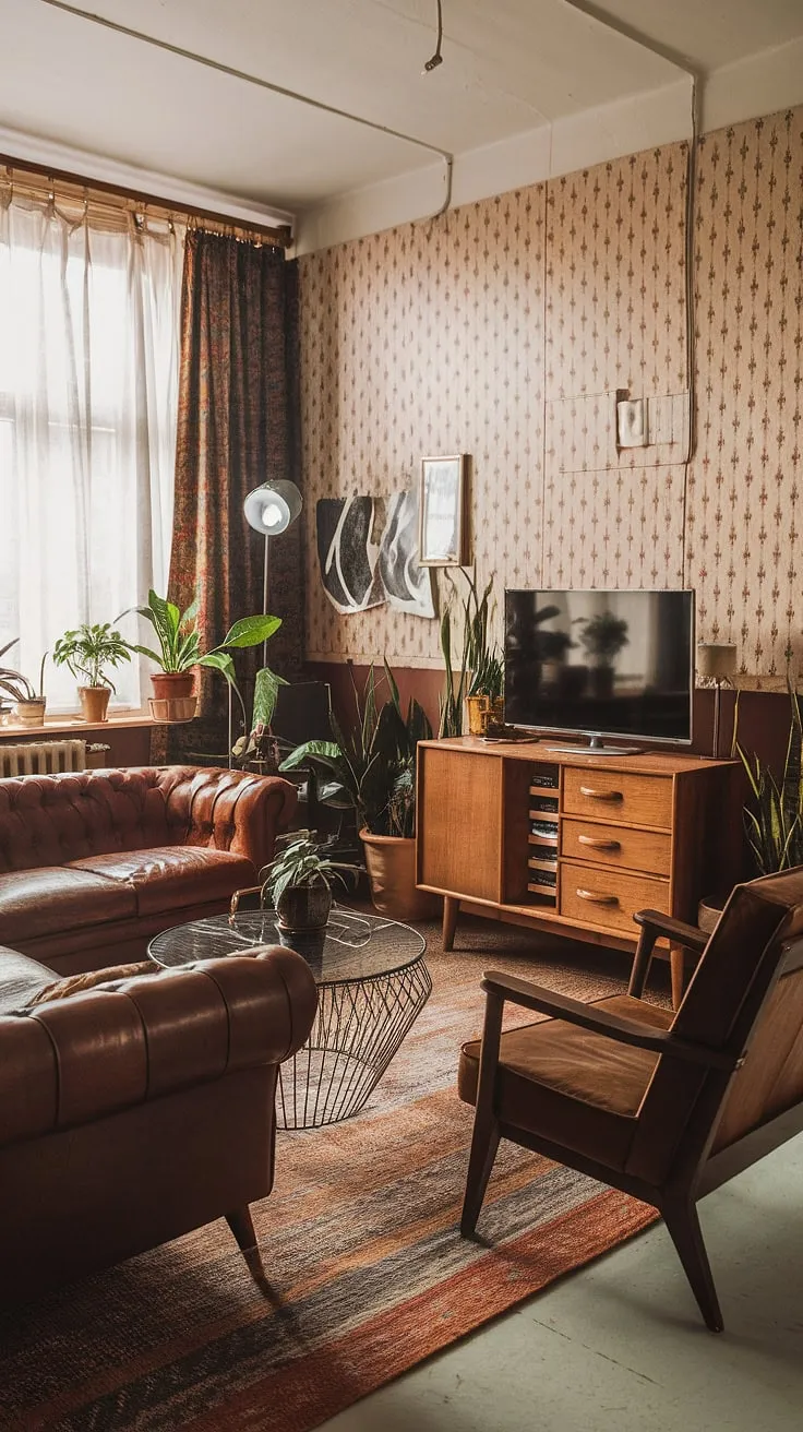 Elevate your apartment vibes with this vintage living room showcasing a retro studio aesthetic, complete with a stylish armchair, patterned wallpaper, and cozy decor elements.