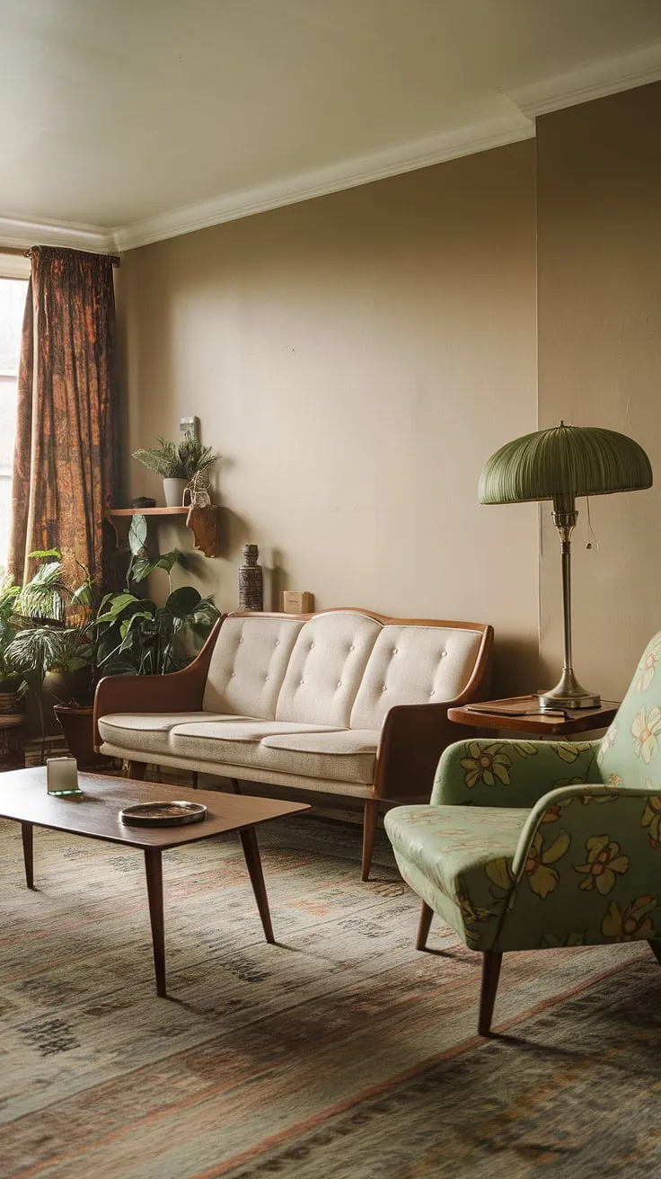 Transform your vintage apartment into a dream space with these vintage living room ideas featuring retro home decor, like a beige sofa, patterned green armchair, and charming plants for the perfect vintage home vibes.