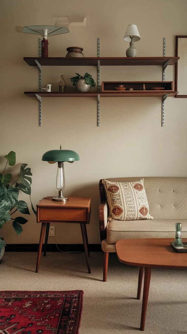 Elevate your retro studio with vintage decor elements like a patterned rug, a stylish wooden coffee table, and a green lamp, creating the perfect casa vintage atmosphere.