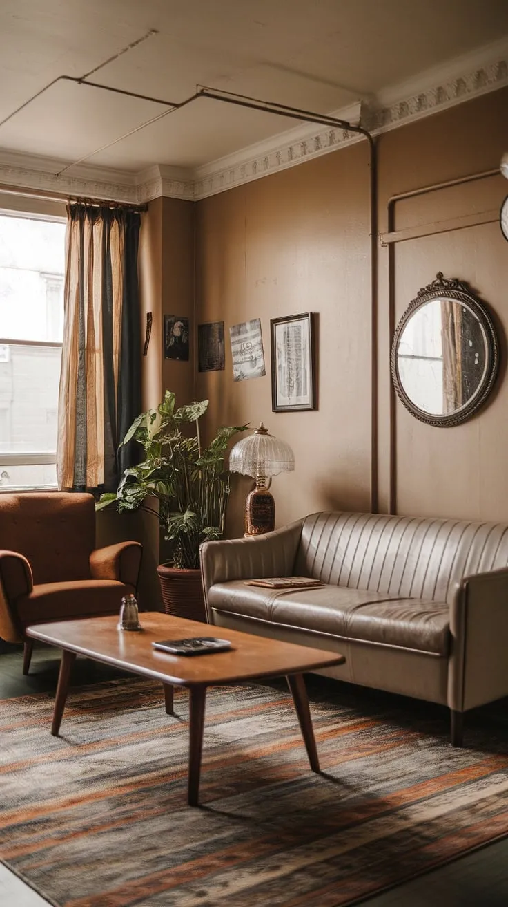 With its stylish beige tones and vintage home vibes, this retro studio apartment showcases inspiring vintage living room ideas for the perfect vintage decor.