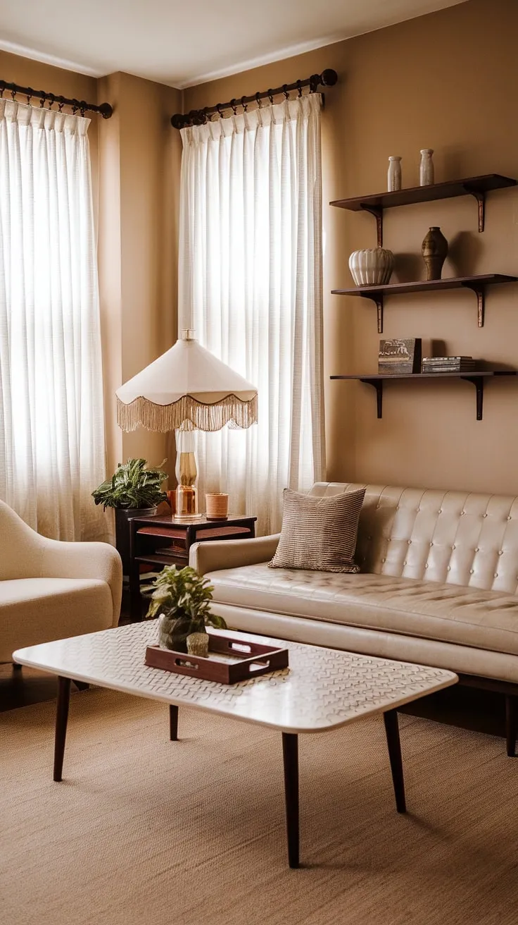 This vintage living room showcases retro home decor with a beige sofa, geometric coffee table, and charming accents, perfect for inspiring vintage apartment vibes and dream apartment decor.