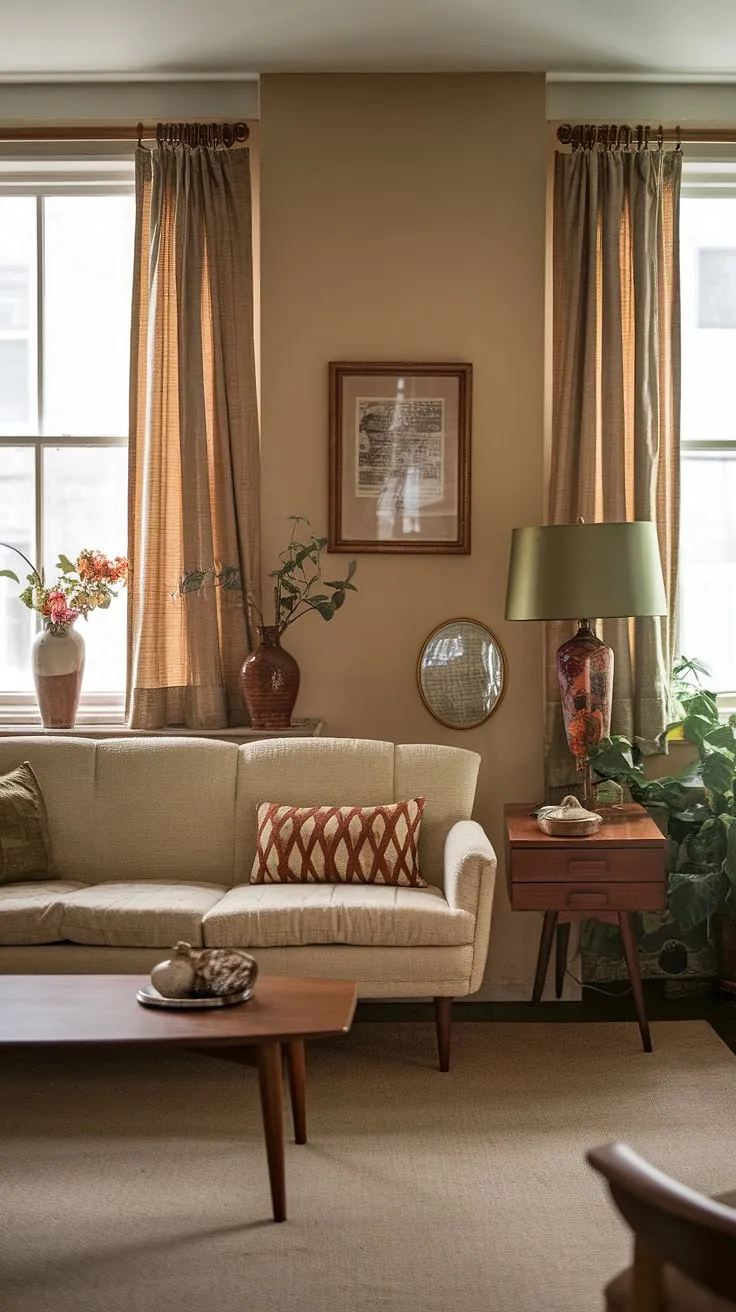 This vintage living room in a retro studio apartment showcases dream apartment decor with its beige sofa, patterned throw pillow, and charming vintage decor items, creating the perfect casa vintage vibe.