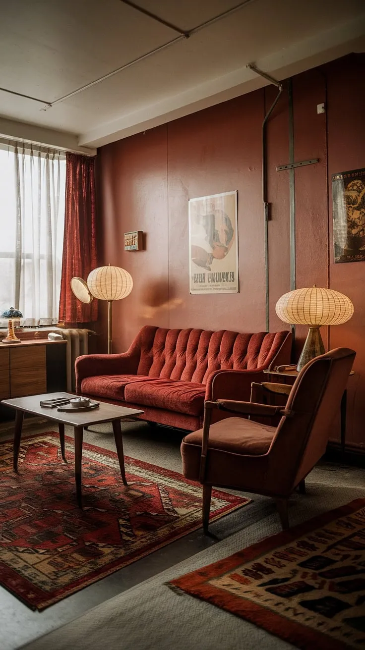 Transform your vintage apartment into a dream space with these vintage living room ideas, featuring plush red sofas, retro home decor, and charming casa vintage accents.