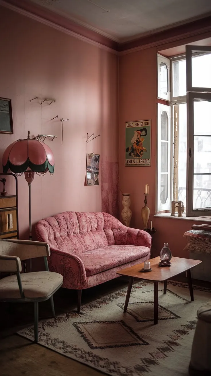 Transform your vintage apartment into a cozy haven with these vintage living room ideas, featuring plush pink couches, retro home decor, and warm vintage home vibes.