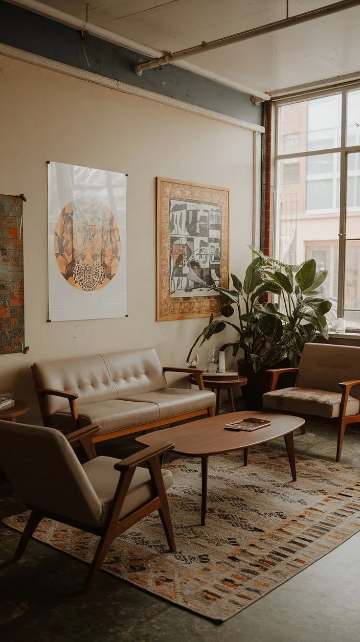 This vintage living room, featuring a beige sofa, wooden coffee table, and patterned rug, perfectly captures retro home decor vibes for your dream apartment decor.