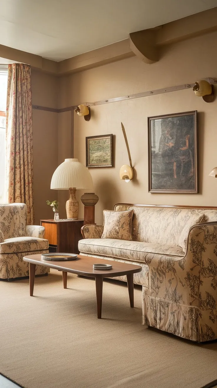 Elevate your retro studio with vintage decor that captures the essence of casa vintage, showcasing a charming living room adorned with floral accents and warm beige hues.