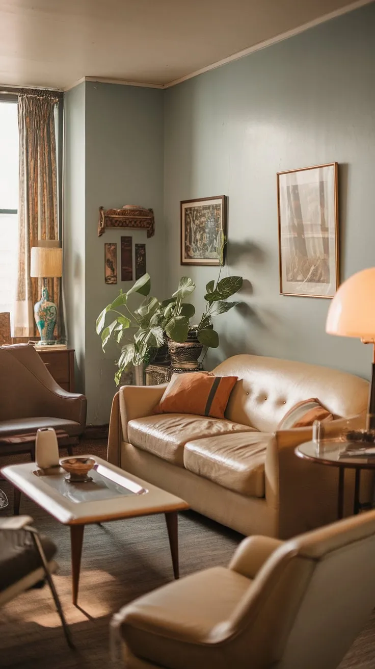 This cozy vintage living room in a retro studio apartment showcases charming vintage decor and inviting apartment vibes, perfect for dream apartment decor enthusiasts.