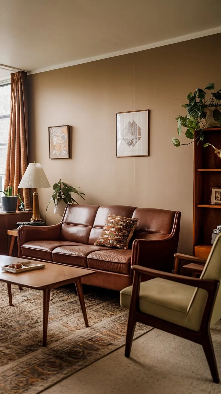 Elevate your retro studio with vintage living room decor that showcases a cozy brown leather sofa, patterned throw pillows, and charming decorative items for a stylish casa vintage atmosphere.