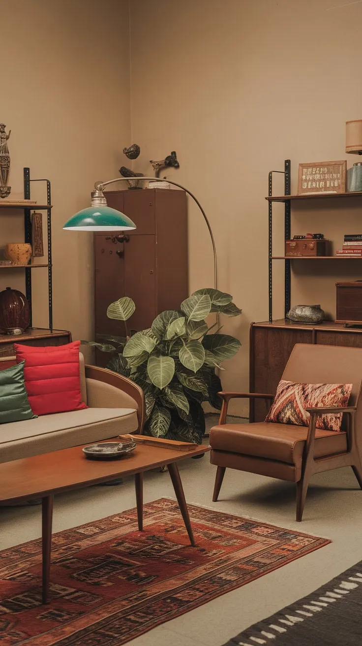 This vintage living room, adorned with retro home decor and warm lighting, perfectly captures the essence of dream apartment decor with its cozy beige sofa, patterned cushions, and charming casa vintage vibes.