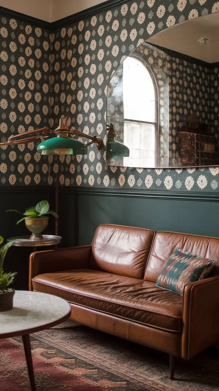 Transform your vintage apartment into a dream space with this vintage living room idea featuring dark green walls, a brown leather sofa, and retro home decor that exudes vintage home vibes.