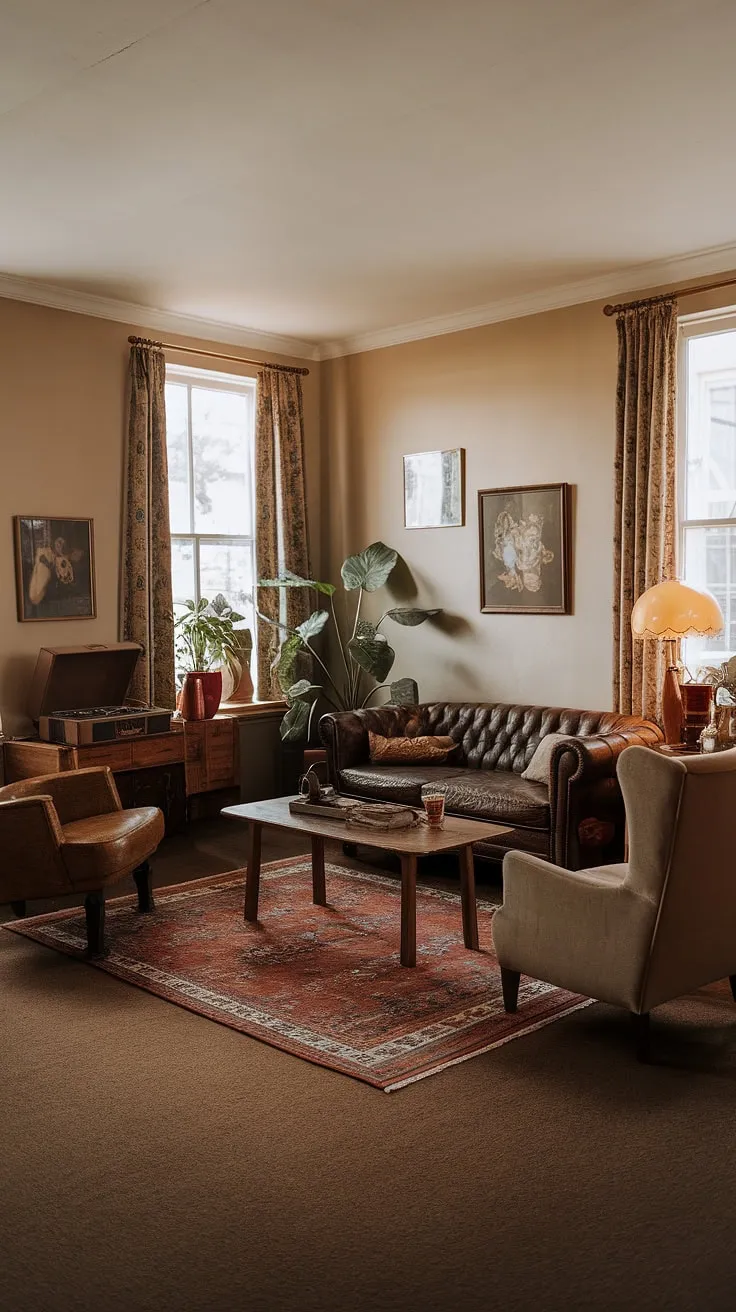 This vintage living room, adorned with retro home decor and warm lighting, perfectly captures the essence of dream apartment decor with its dark brown leather sofa, vintage rug, and charming casa vintage accents.