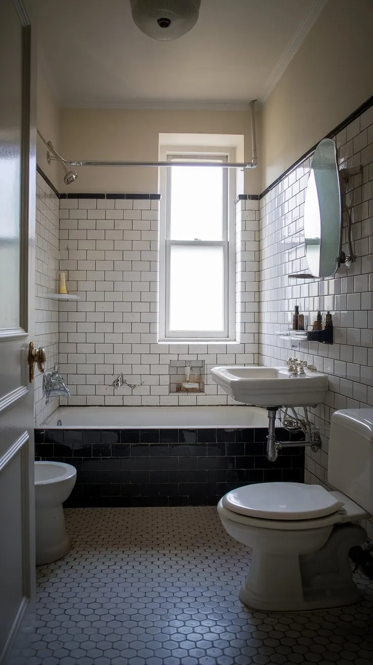 Featuring timeless black and white tiles, this vintage bathroom blends modern elements with classic design for stunning bathroom inspiration.