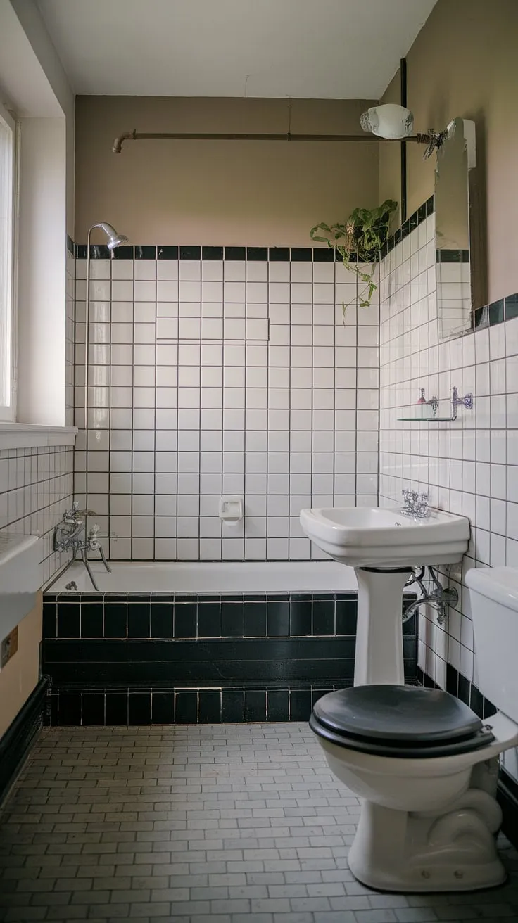 Featuring a harmonious blend of vintage bathrooms and contemporary elements, this bathroom design inspiration highlights the beauty of black and white tiles in a classic setting.