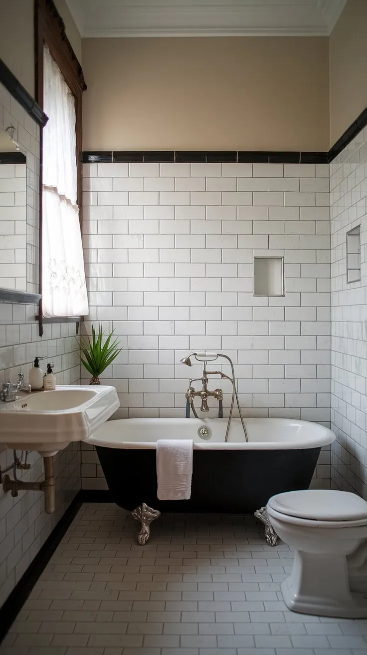 This vintage modern bathroom showcases classic bathroom design inspiration with its elegant black and white tiles, freestanding bathtub, and vintage fixtures.