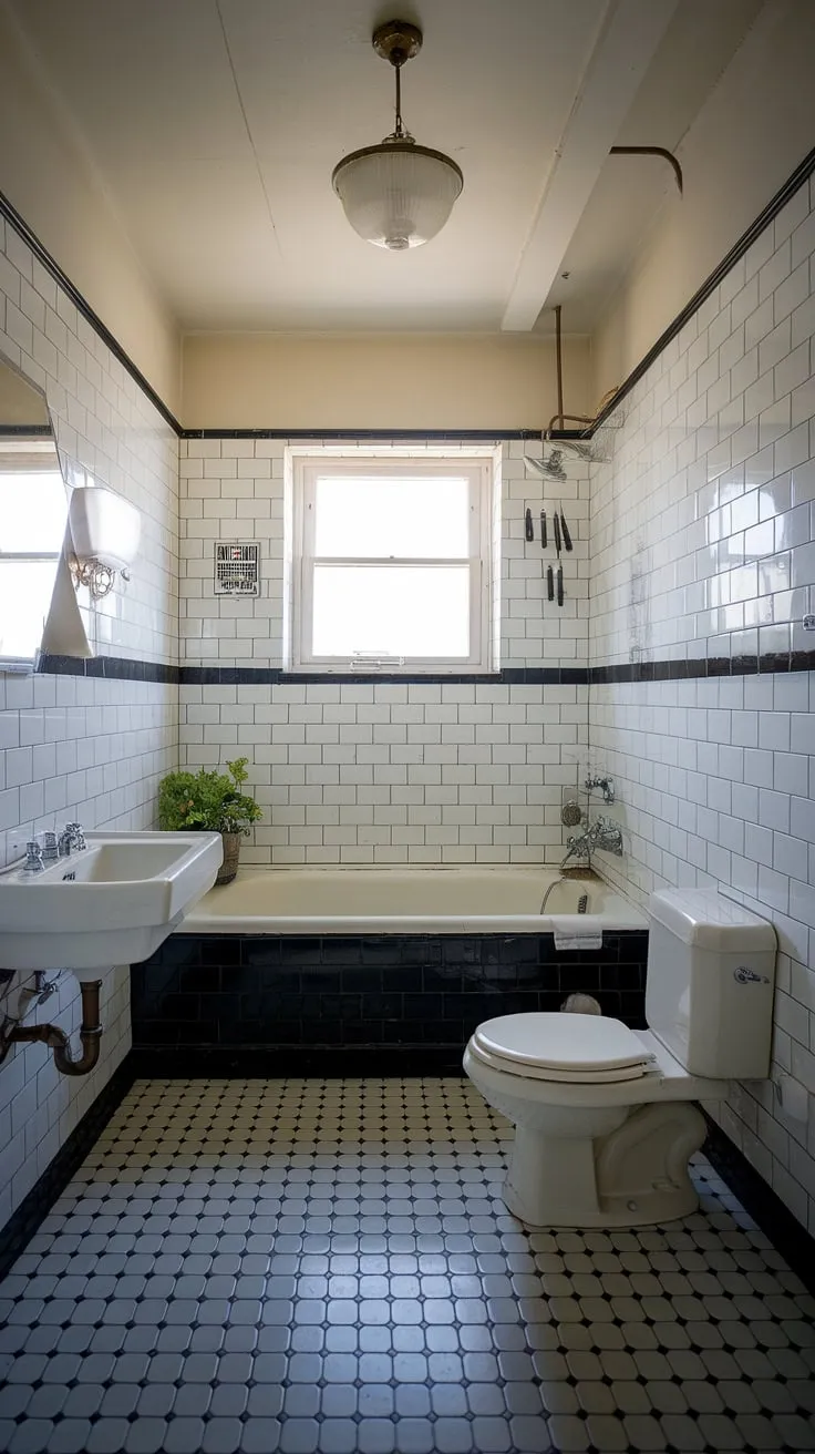 This vintage modern bathroom showcases classic design inspiration with its striking black and white checkerboard tiles, elegant fixtures, and charming decor.