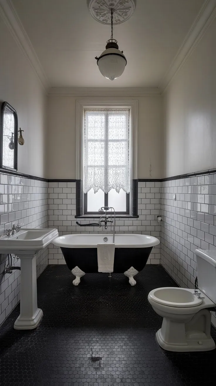 Featuring a stunning black and white color scheme, this vintage bathroom combines timeless elements like hexagonal tiles and a pedestal sink for perfect bathroom design inspiration.