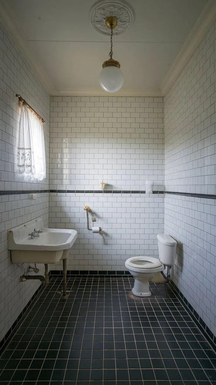 Featuring a stunning blend of vintage elements and modern aesthetics, this black and white tiled bathroom serves as perfect bathroom design inspiration for those seeking classic bathroom decor.