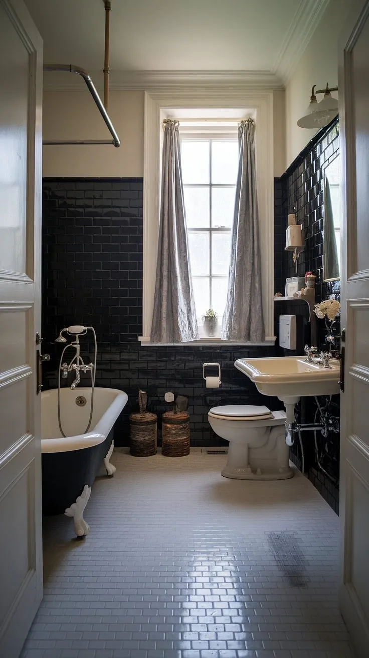 Featuring a perfect blend of vintage charm and modern aesthetics, this bathroom design inspiration highlights black and white tiles alongside timeless elements like a clawfoot tub and vintage faucet.