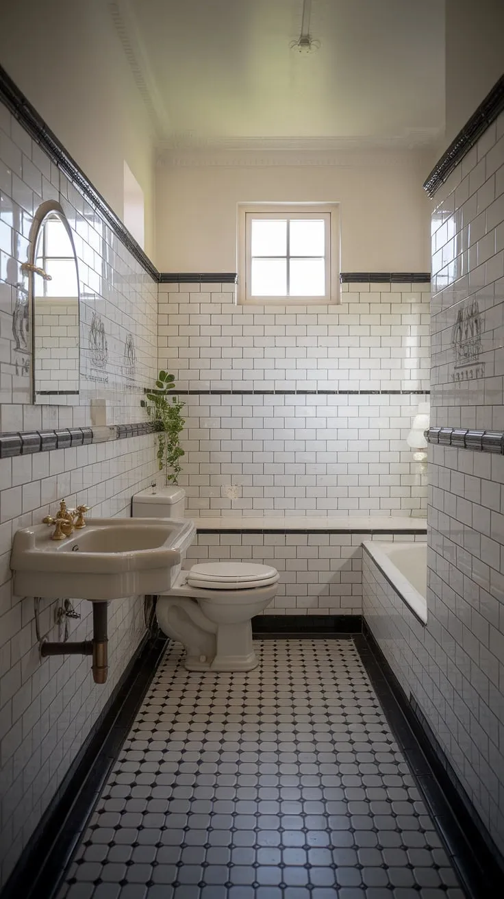 Featuring a bright ambiance and decorative elements, this bathroom is a perfect blend of vintage charm and modern aesthetics, ideal for bathroom design inspiration.
