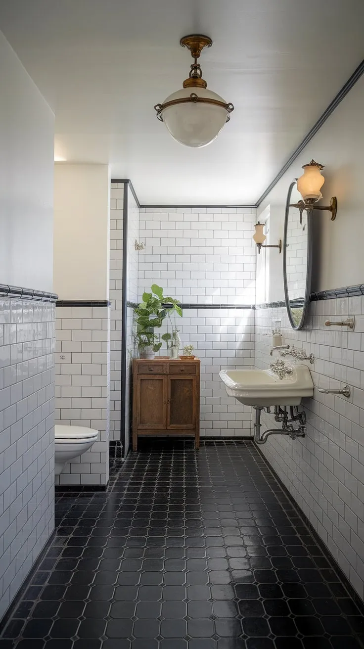 This vintage modern bathroom showcases classic design inspiration with its striking black and white tiles, vintage light fixture, and elegant decor.