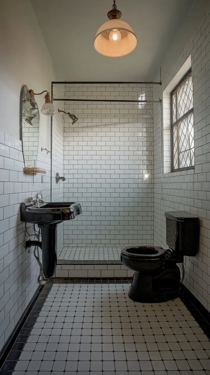 This vintage modern bathroom showcases stunning black and white tiles, classic fixtures, and elegant design inspiration for your next bathroom decor project.