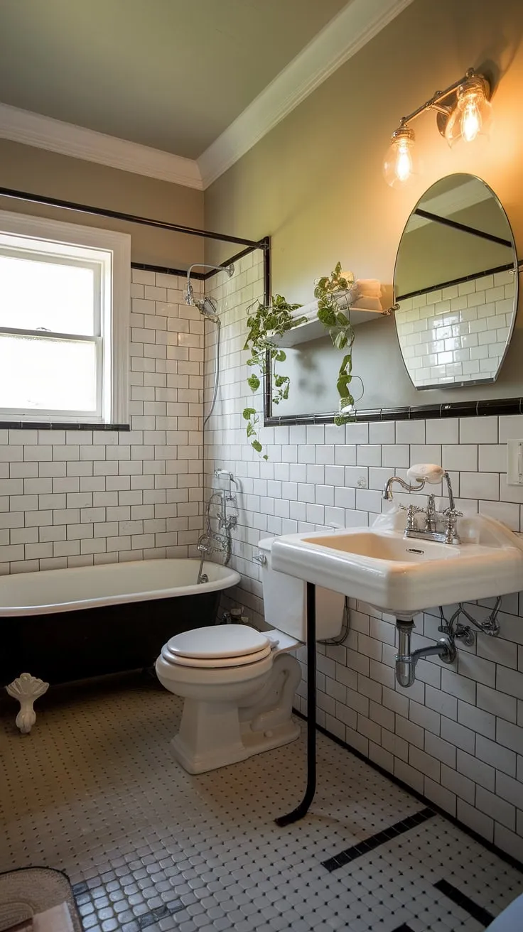 This vintage modern bathroom showcases classic design inspiration with black and white tiles, a clawfoot tub, and warm lighting, making it a perfect decor choice for vintage bathrooms.