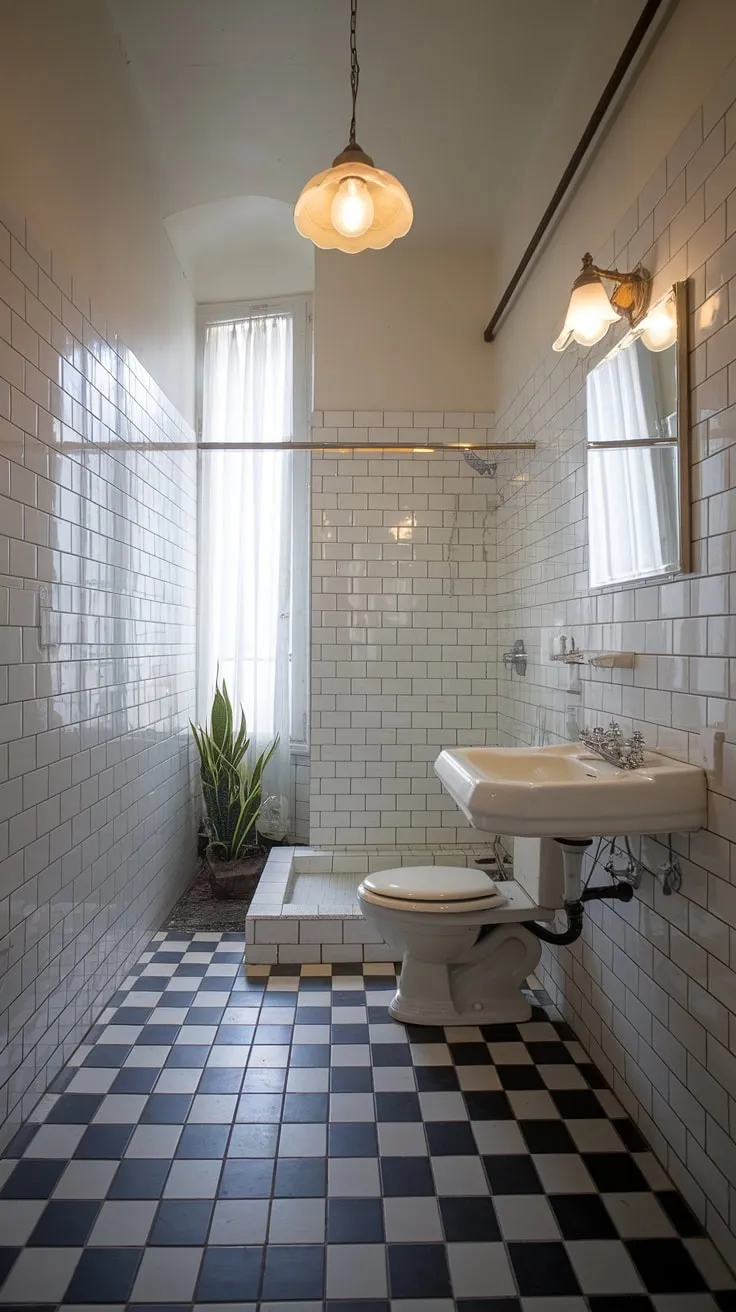 This vintage modern bathroom showcases classic design inspiration with its striking black and white tiles, vintage light fixture, and bright ambiance.