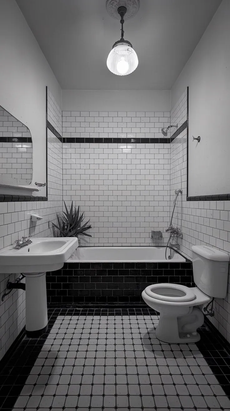 Featuring a captivating blend of vintage charm and modern aesthetics, this black and white tiled bathroom serves as perfect bathroom design inspiration for those seeking classic elegance.