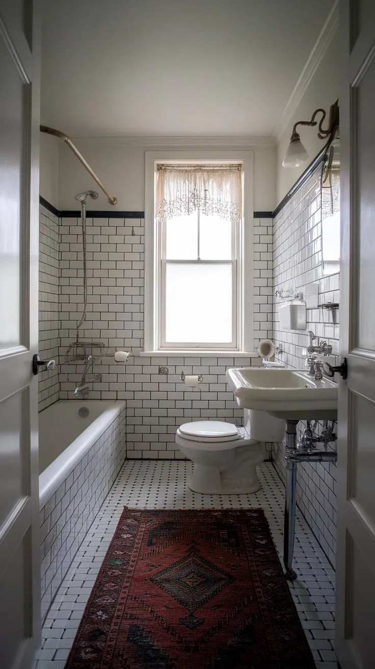 Featuring a harmonious blend of vintage charm and modern aesthetics, this black and white tiled bathroom serves as a stunning source of bathroom design inspiration.