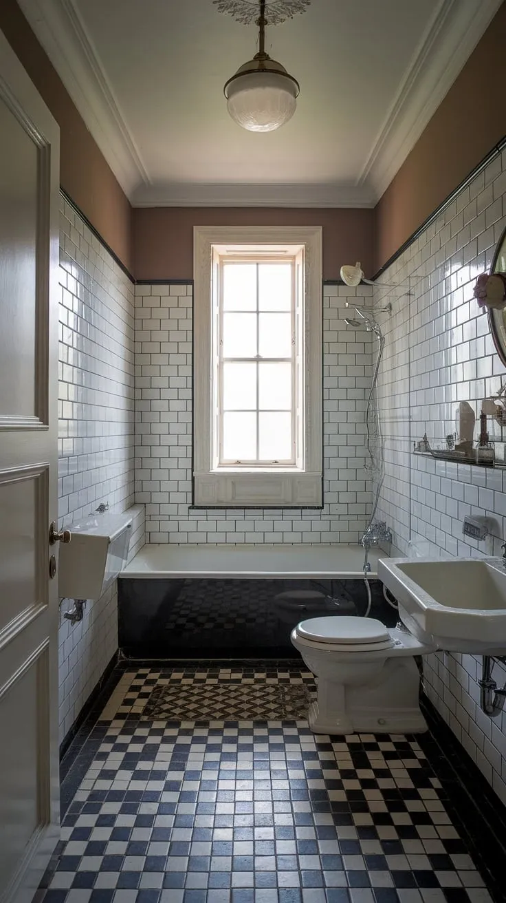 This vintage modern bathroom showcases classic design inspiration with its striking black and white tiles, vintage fixtures, and elegant decor.