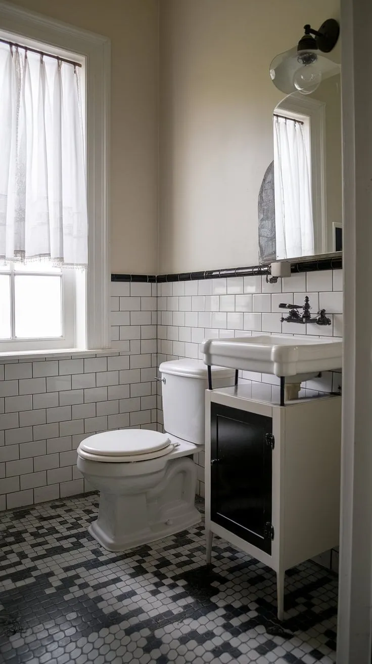 This vintage modern bathroom showcases stunning black and white tiles, offering timeless bathroom design inspiration with its classic elements and elegant decor.