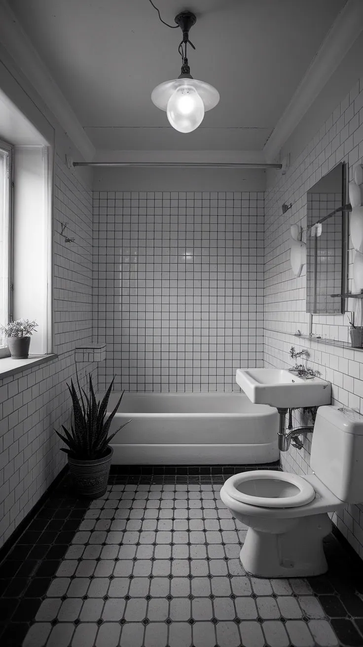 Featuring a stunning blend of vintage bathrooms and contemporary style, this black and white tiles bathroom is a perfect source of bathroom design inspiration.