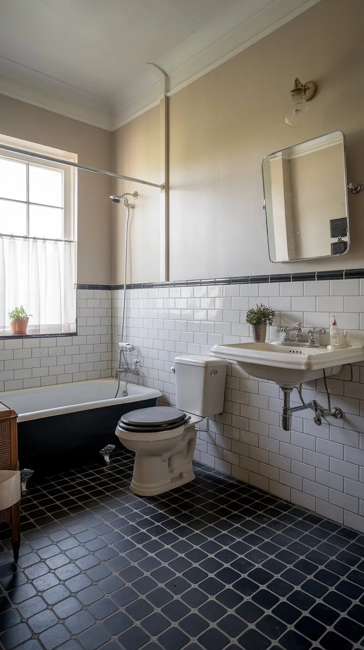 Featuring a striking combination of vintage elements and modern touches, this black and white tiles bathroom serves as a perfect source of bathroom design inspiration.
