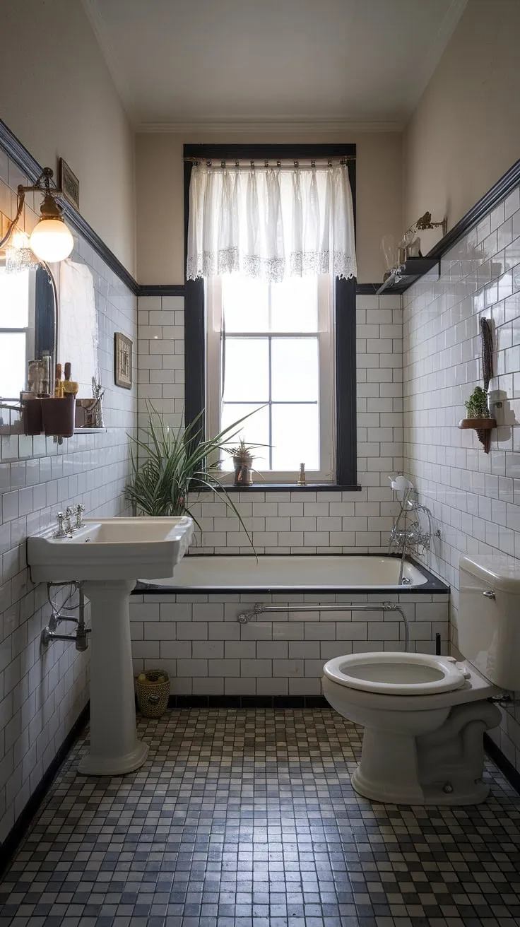 This vintage modern bathroom showcases classic design inspiration with its elegant black and white tiles, white bathtub, and charming decor.
