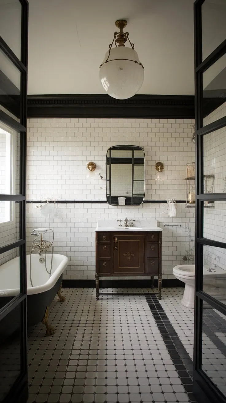 This vintage modern bathroom showcases stunning black and white tiles, a classic vanity, and a vintage bathtub, offering timeless bathroom design inspiration.
