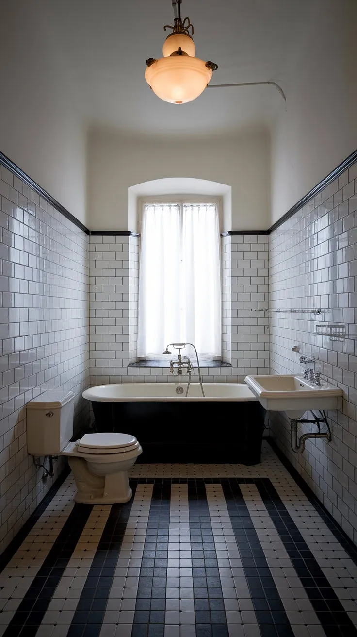 This vintage modern bathroom features classic black and white tiles, a vintage bathtub, and elegant decor, offering timeless bathroom design inspiration.