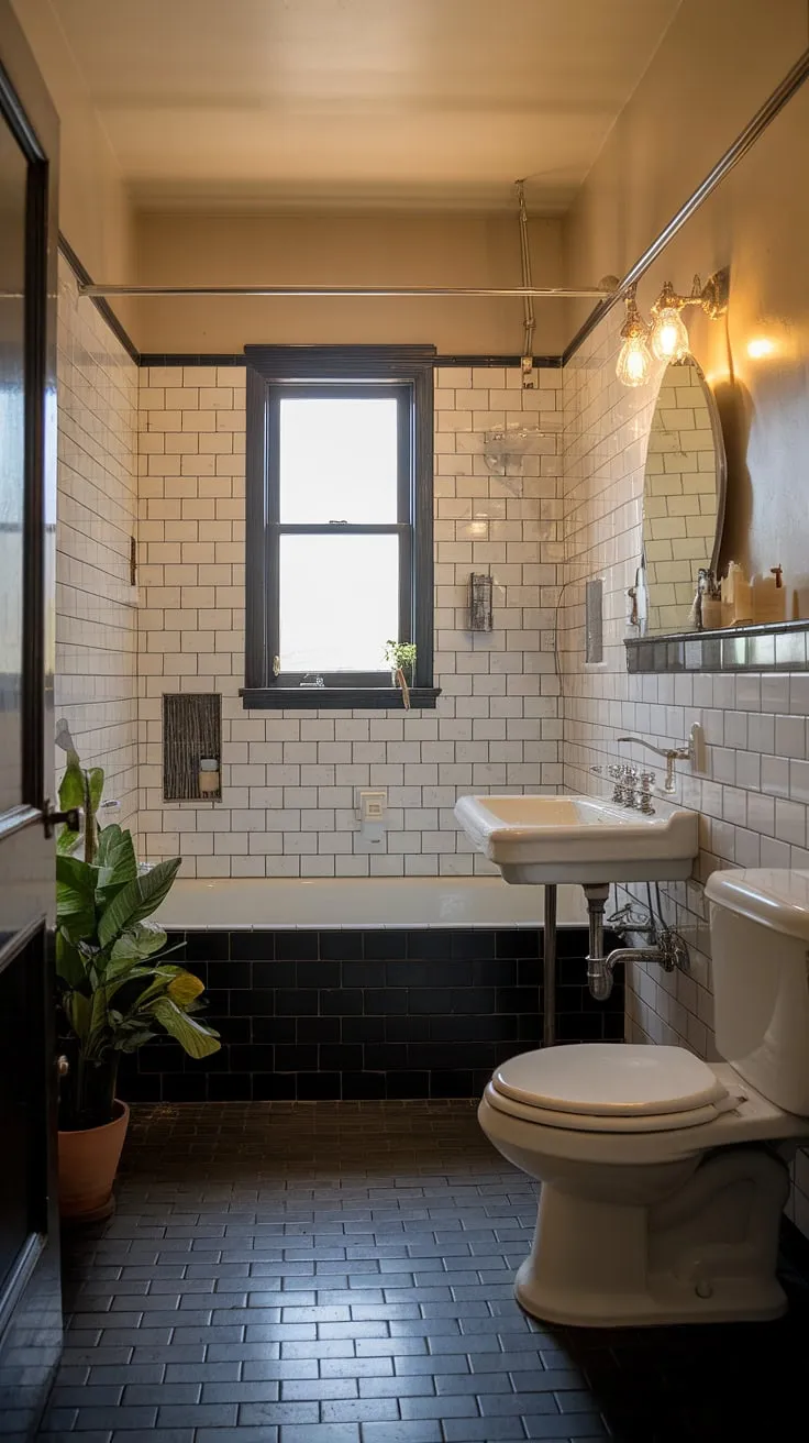 Featuring a stylish blend of vintage and modern elements, this black and white tiled bathroom offers timeless design inspiration for those seeking classic bathroom decor.