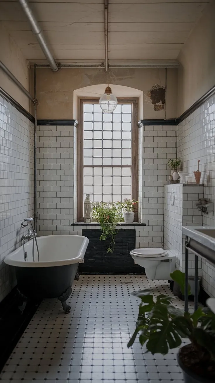 With its charming clawfoot tub and striking black and white tiles, this vintage bathroom is a perfect blend of classic elegance and modern decor inspiration.