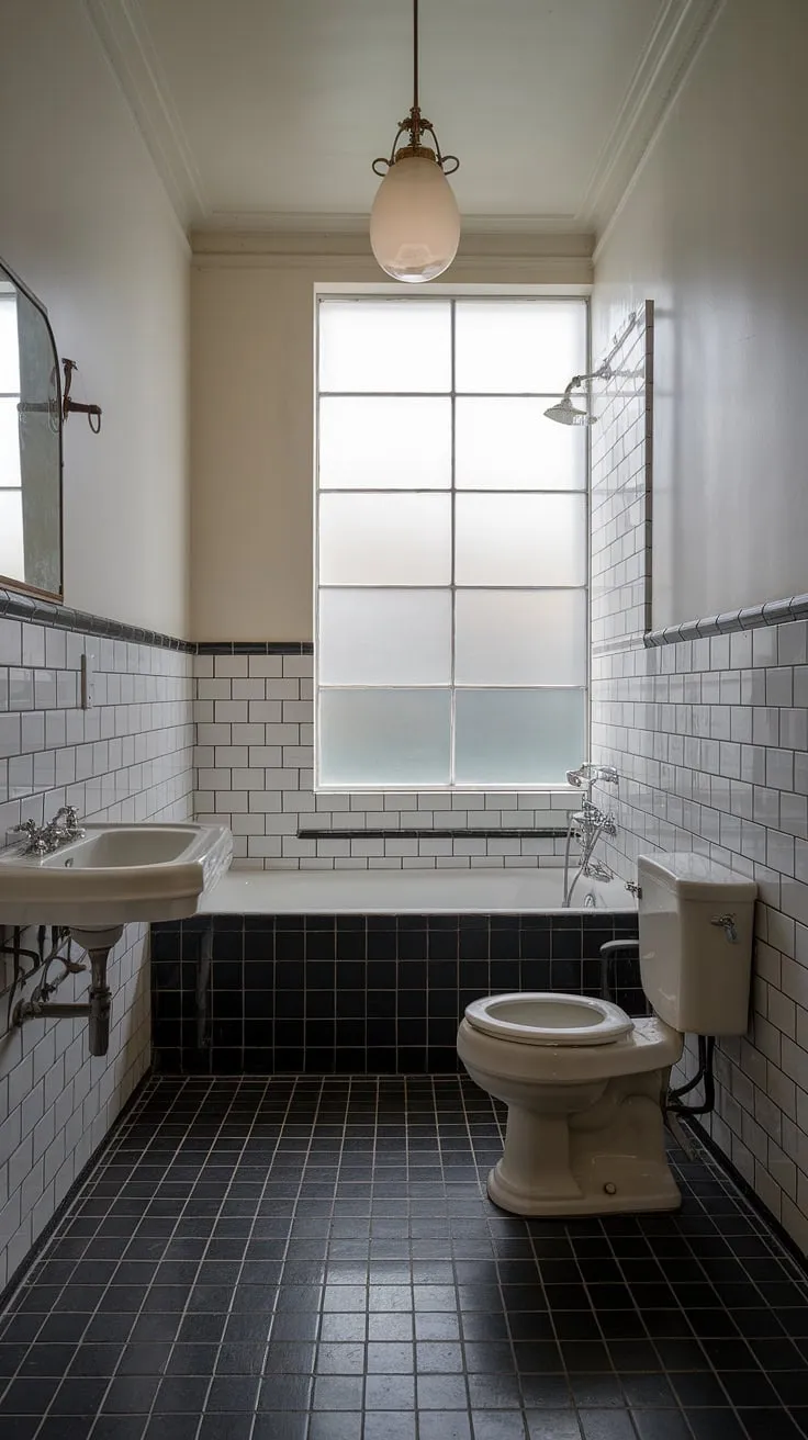 This vintage modern bathroom showcases classic design inspiration with its elegant black and white tiles, vintage fixtures, and timeless ambiance.