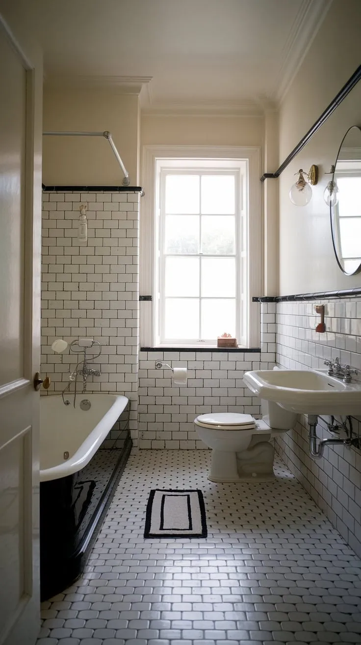 This vintage modern bathroom showcases classic design inspiration with its striking black and white tiles, creating a stunning decor that blends vintage charm with contemporary elegance.