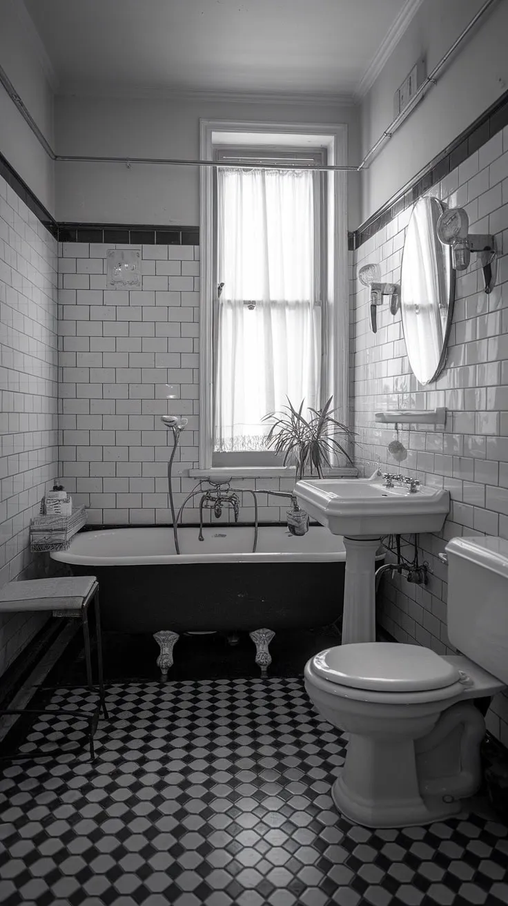 This vintage modern bathroom showcases classic design inspiration with its striking black and white tiles, checkered floor, and elegant vintage fixtures.