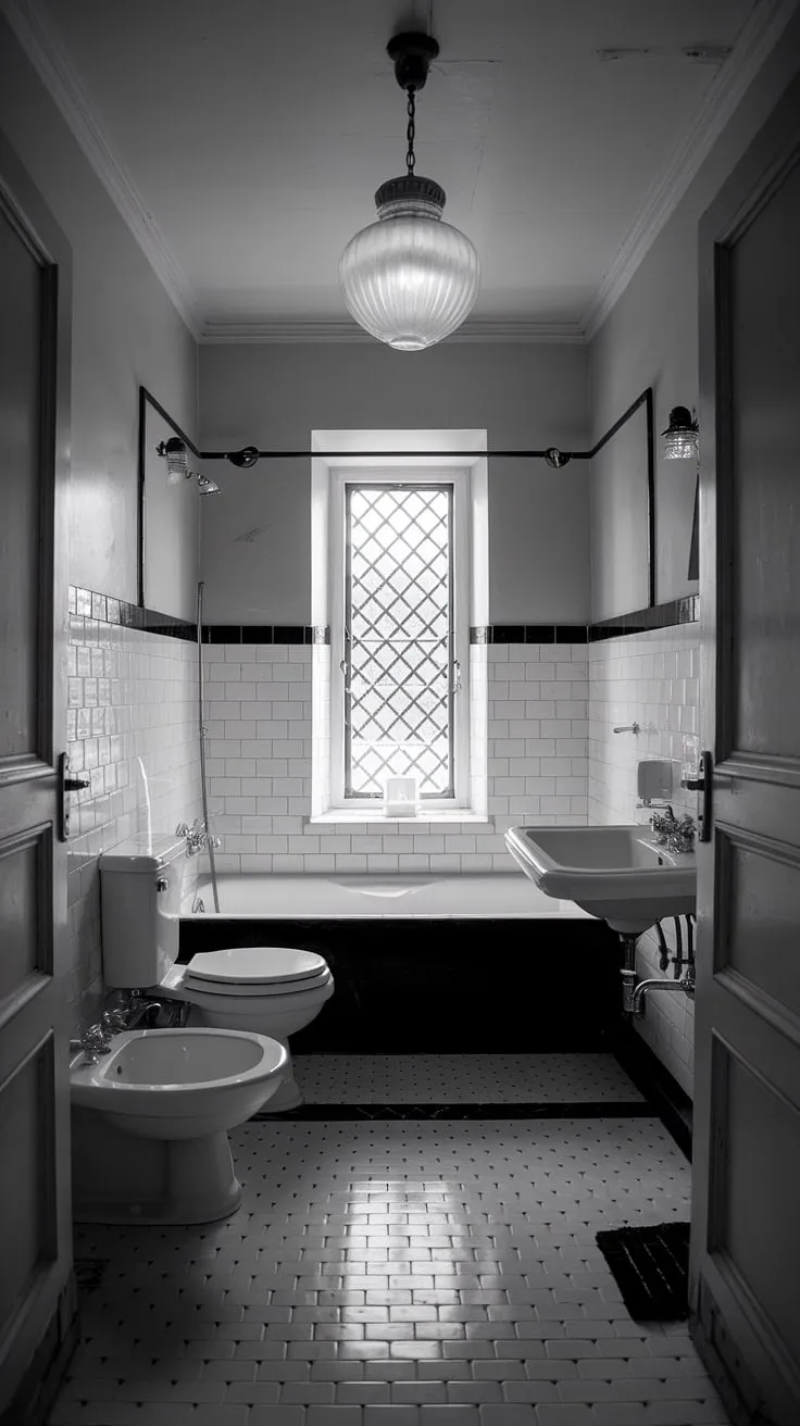Featuring elegant black and white tiles, this vintage modern bathroom blends classic elements with contemporary design for stunning bathroom inspiration.