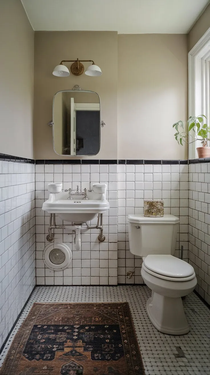 Featuring a blend of modern and classic elements, this black and white tiled bathroom offers timeless bathroom design inspiration with its elegant fixtures and charming details.