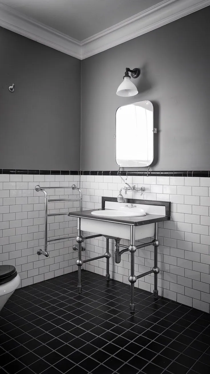 Featuring a chic black and white tiled floor and vintage-style vanity, this bathroom design inspiration beautifully blends classic and modern aesthetics.