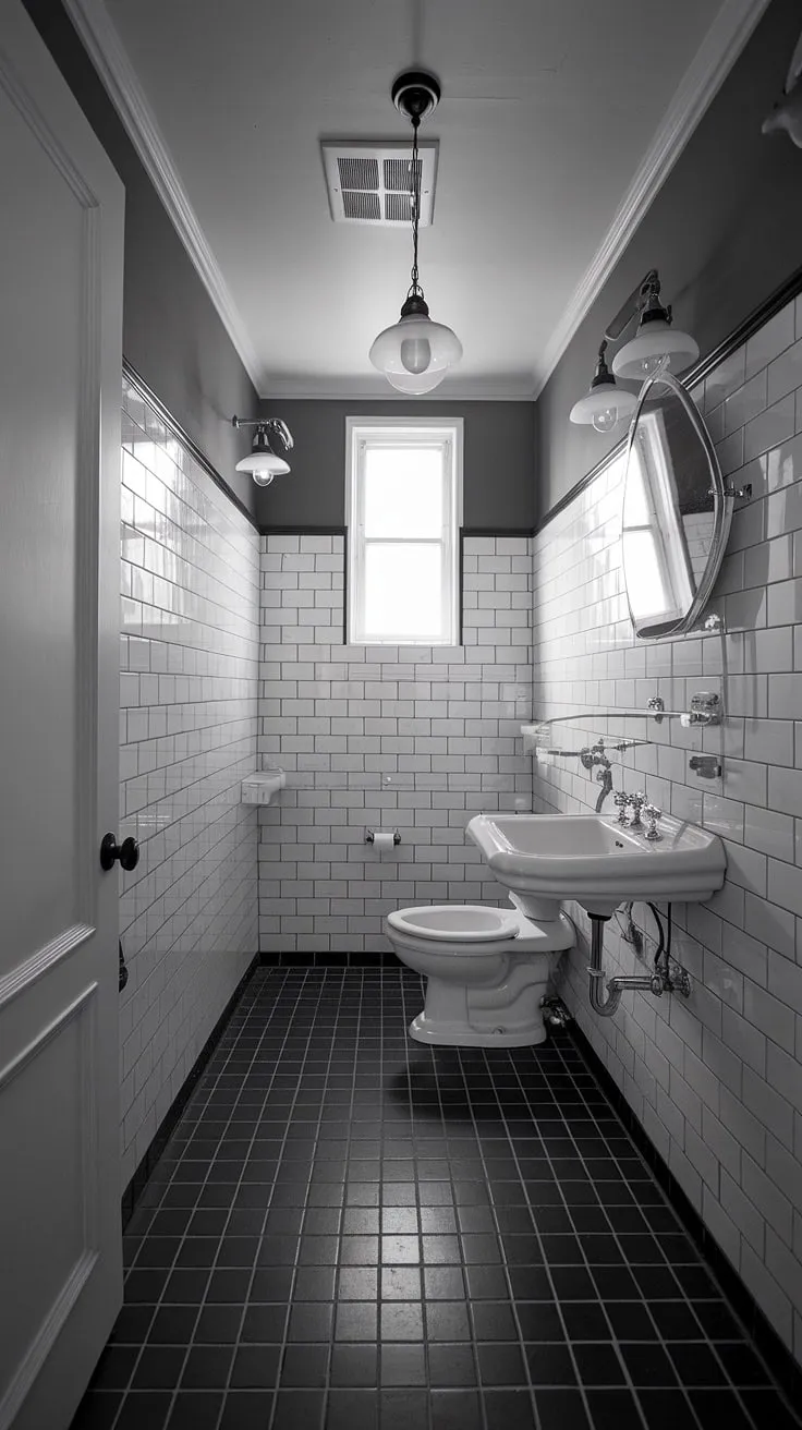 Featuring a vintage sink, mirror, and light fixture, this black and white tiled bathroom is a perfect example of vintage bathrooms that inspire elegant bathroom design.